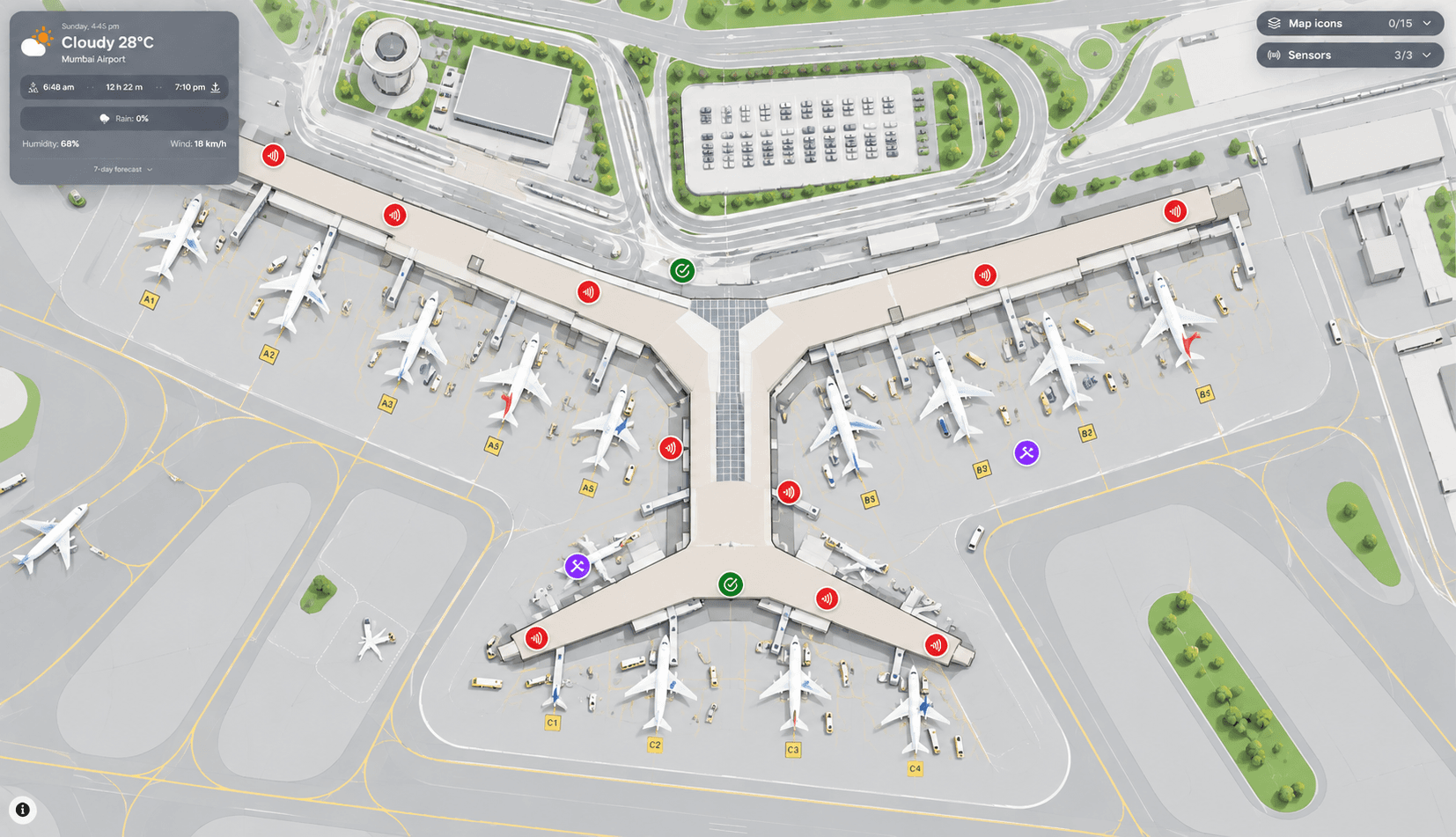 Airport terminal map showing gates, aprons, aircraft stands and live sensor markers